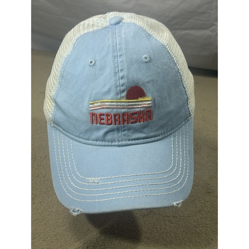 Home Free Nebraska Trucker Hat Light Blue White Mesh Distressed Adjustable Cap